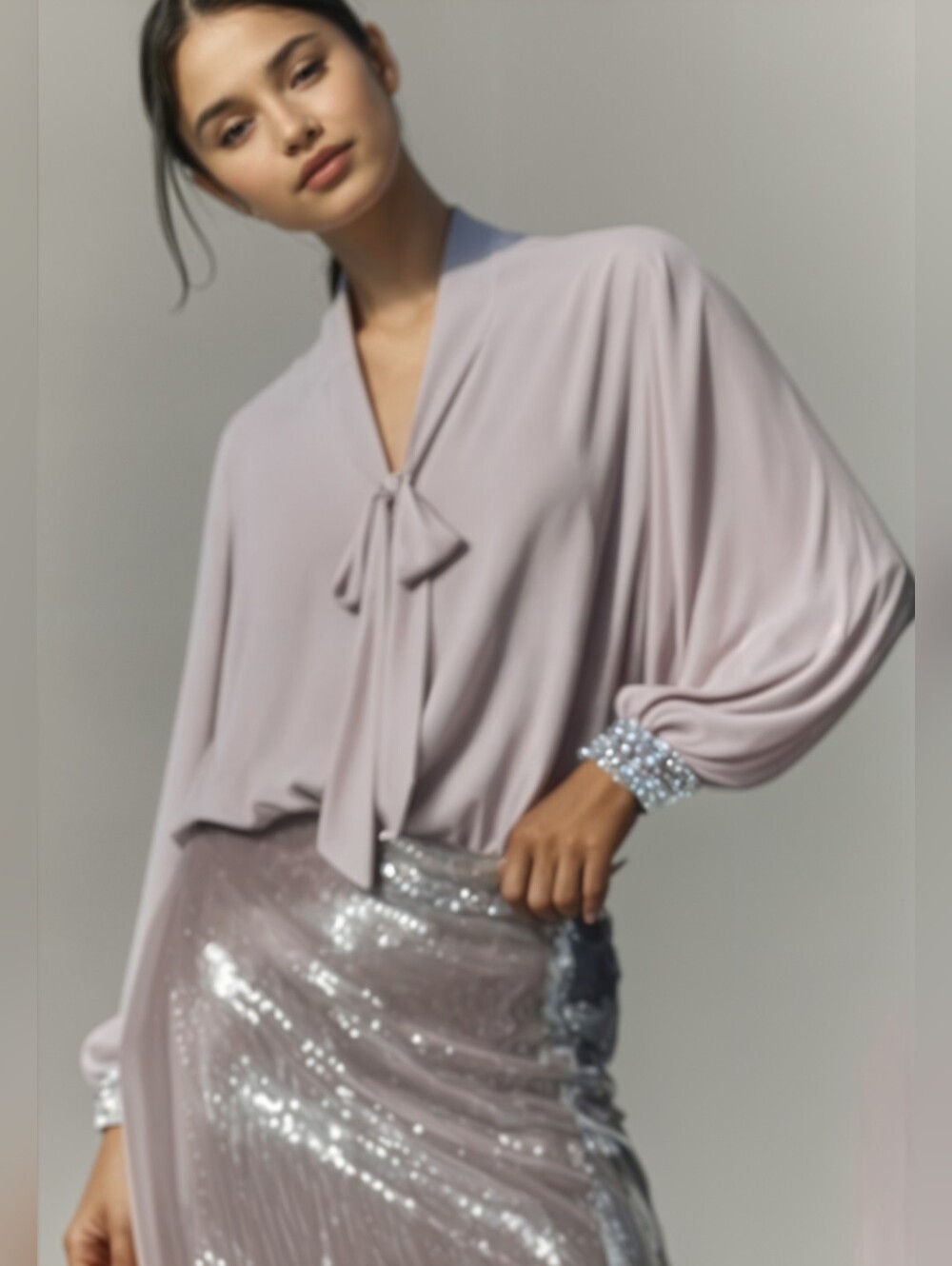 Jennifer Lopez Blush Sheer Long Sleeve Blouse With Pearl And Rhinestone Cuffs